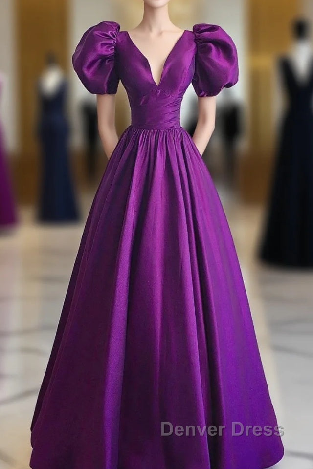 Purple Satin A-Line Short Sleeves Long Formal Dresses, Purple Evening Dresses Prom Dresses
