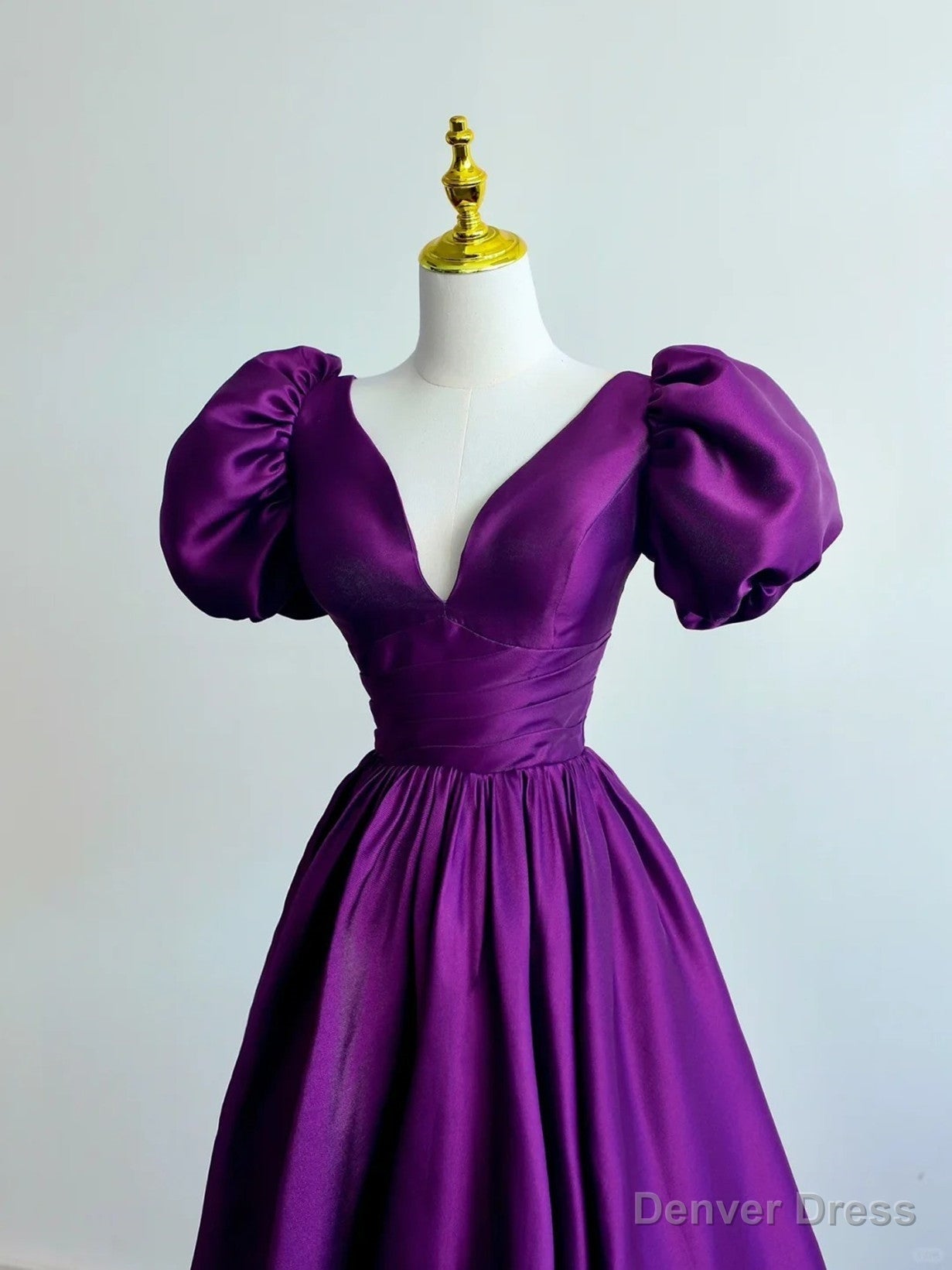 Purple Satin A Line Short Sleeves Long Prom Dress, Purple Prom Dresses Secondary image