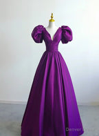 Purple Satin A-line Short Sleeves Long Formal Dress, Purple  Prom Dress
