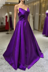 Purple Satin A-Line Simple Floor Length Evening Dresses Formal Dresses, Dark Purple Prom Dresses
