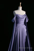 Purple Satin Long Prom Dress, Beautiful Off The Shoulder Evening Party Dress