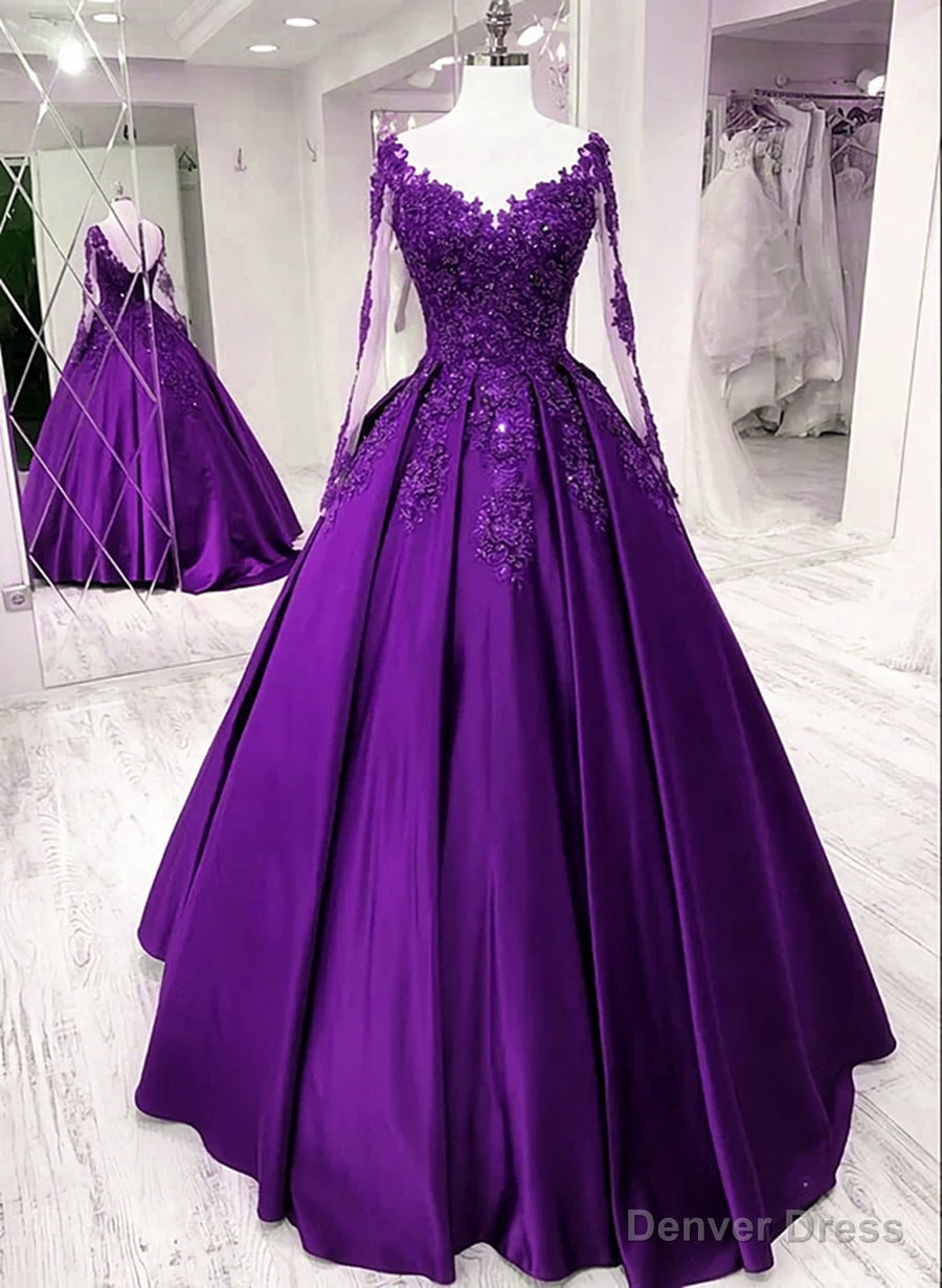 Purple Satin Long Sleeves with Lace Applique Party Dress, A-line Sweet 16 Dress