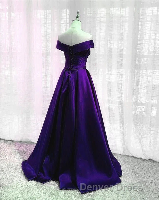 Purple Satin Off Shoulder Long Prom Dress,A Line Simple Women Prom Dresses Secondary image