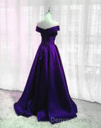 Purple Satin Off Shoulder Long Prom Dress,A Line Simple Women Prom Dresses