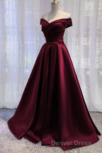 Purple Satin Off Shoulder Long Prom Dress,A Line Simple Women Prom Dresses