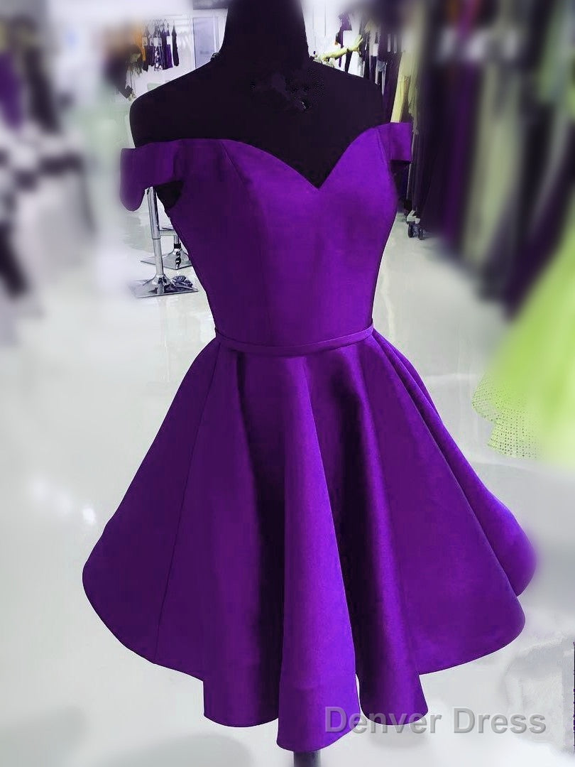 Purple Satin Off Shoulder Short Cute Homecoming Dress, Purple Prom Dress Party Dress Main image