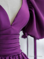 Purple Satin Puffy Sleeves Long Prom Dress, Dark Purple Prom Dresses
