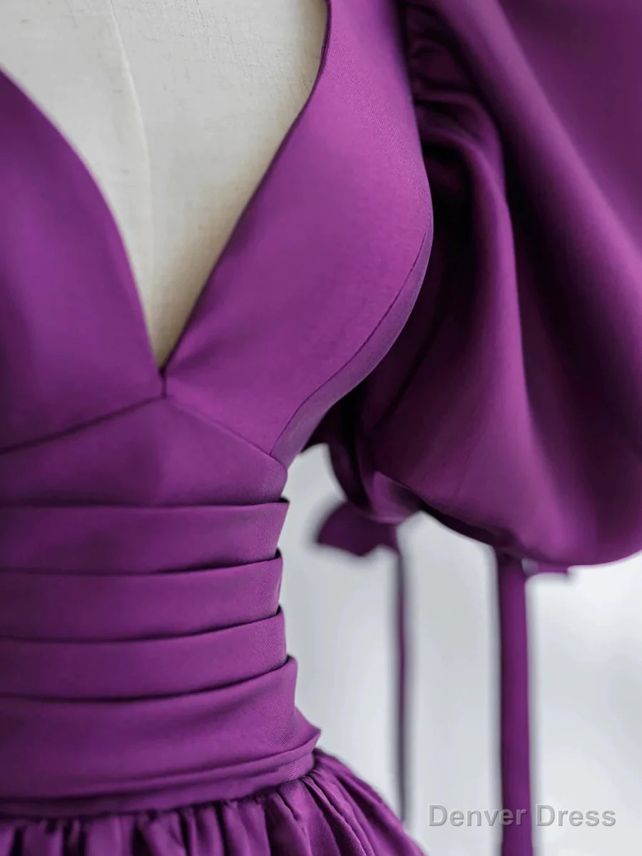 Purple Satin Puffy Sleeves Long Prom Dress, Dark Purple Prom Dresses