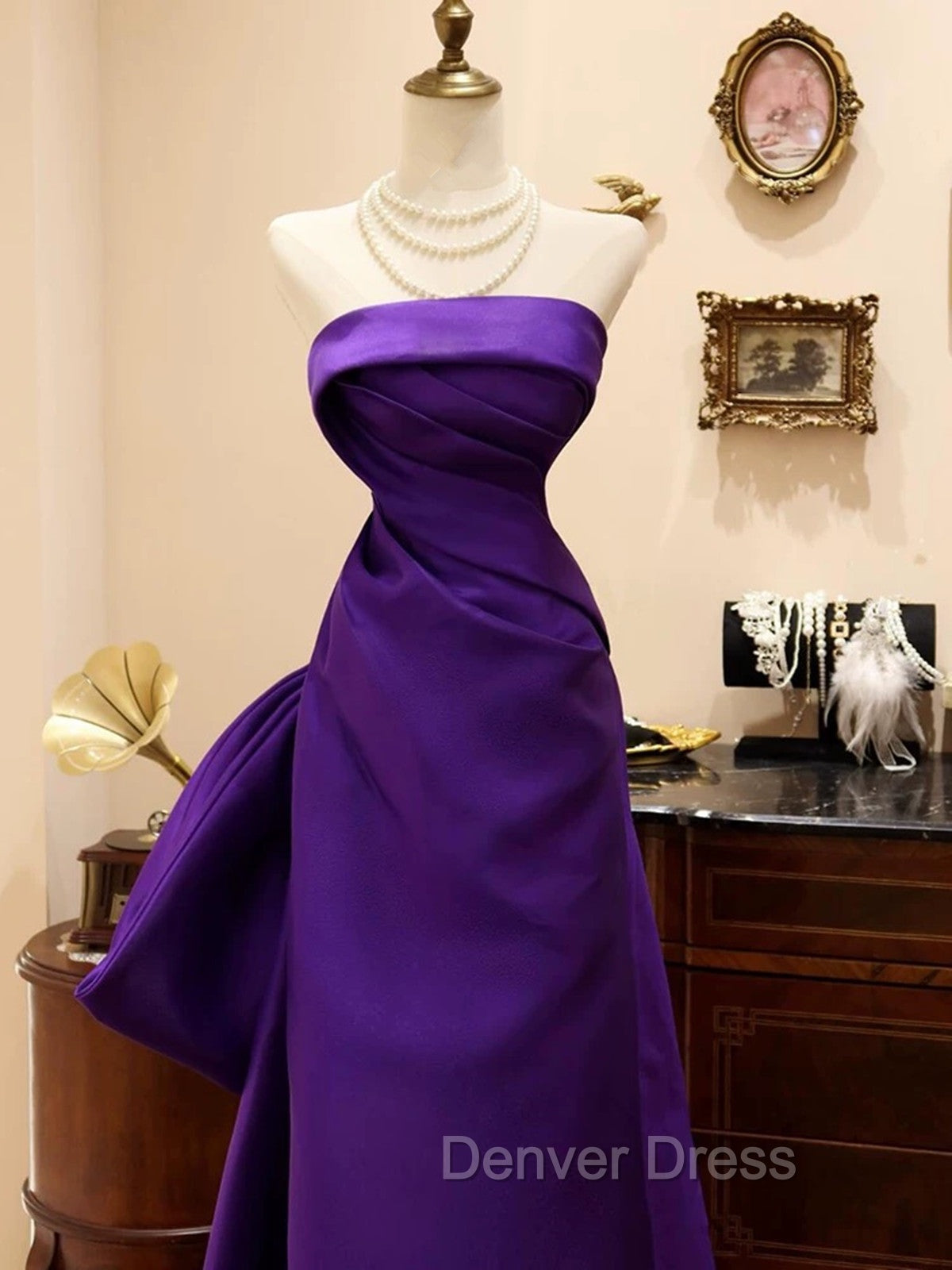 Purple Satin Scoop A-Line Floor Length Party Dresses, Purple Satin Long Prom Dresses With Bow Secondary image