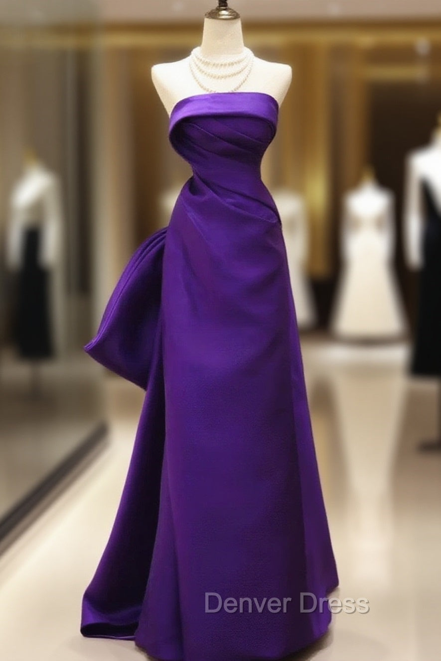 Purple Satin Scoop A-Line Floor Length Party Dresses, Purple Satin Long Prom Dresses With Bow Main image