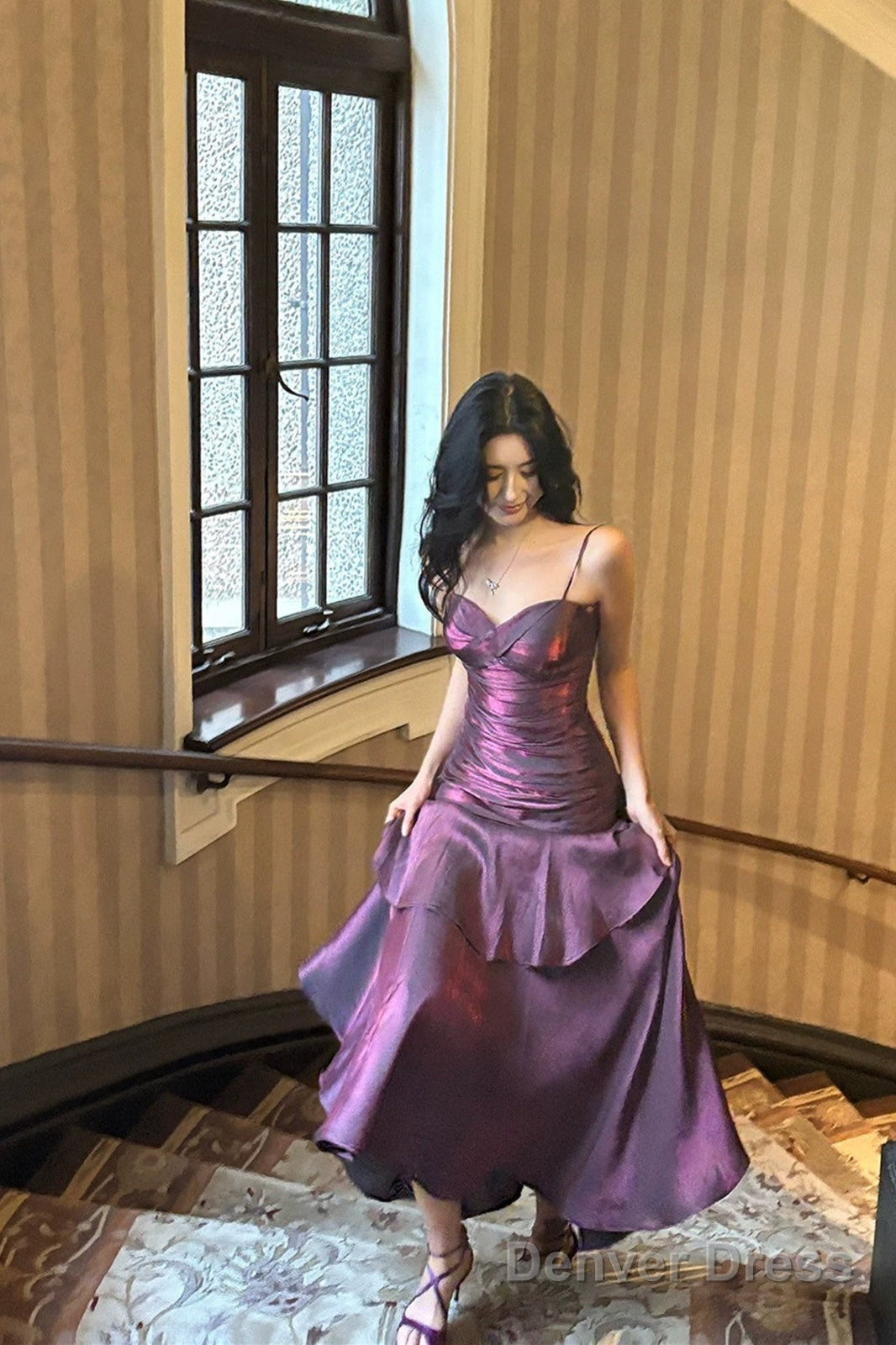 Purple Satin Straps Mermaid Long Formal Dress, Purple Prom Dress Evening Dress Main image