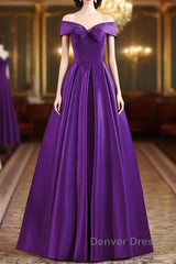 Purple Satin Sweetheart Long Party Dresses, A-Line Purple Prom Dresses