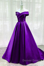 Purple Satin Sweetheart Long Party Dresses Prom Dresses, Off Shoulder Purple Evening Dresses