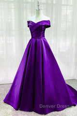 Purple Satin Sweetheart Long Party Dresses Prom Dresses, Off Shoulder Purple Evening Dresses