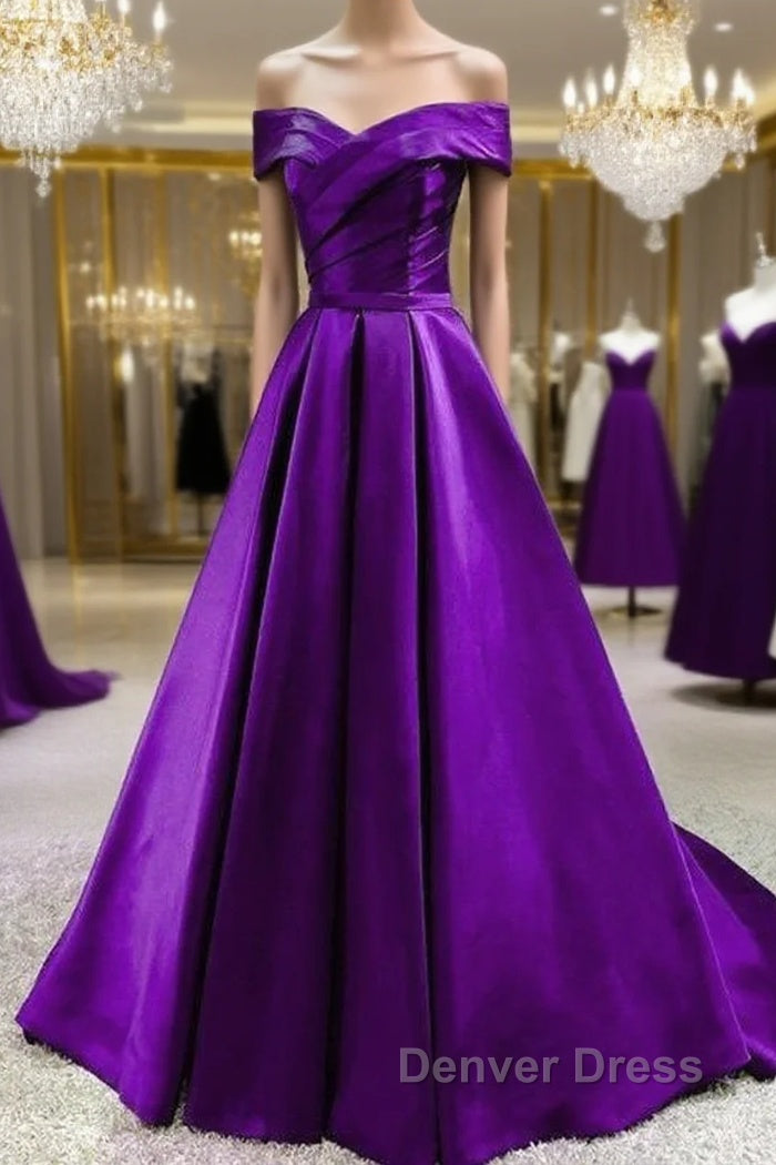 Purple Satin Sweetheart Long Party Dresses Prom Dresses, Off Shoulder Purple Evening Dresses Main image