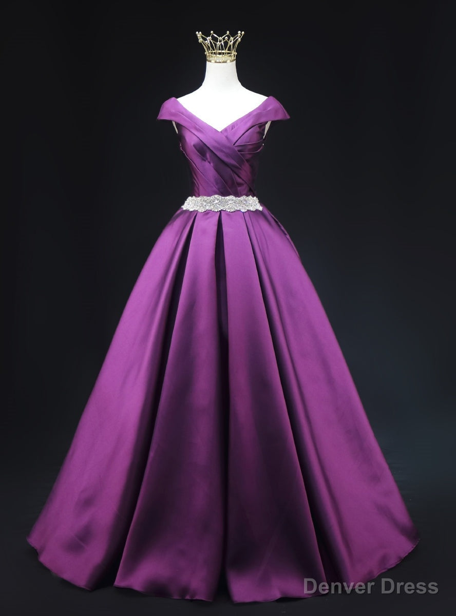 Purple Satin V-neck Pleats Beading Prom Dress Main image