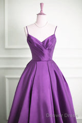 Purple Satin V-Neckline Straps Long Prom Dress, Purple Evening Dress Formal Dress