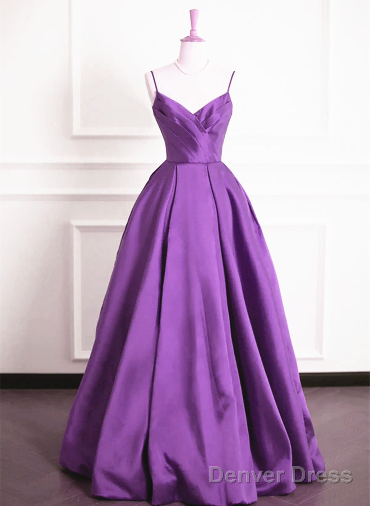 Purple Satin V-Neckline Straps Long Prom Dress, Purple Evening Dress Formal Dress Main image
