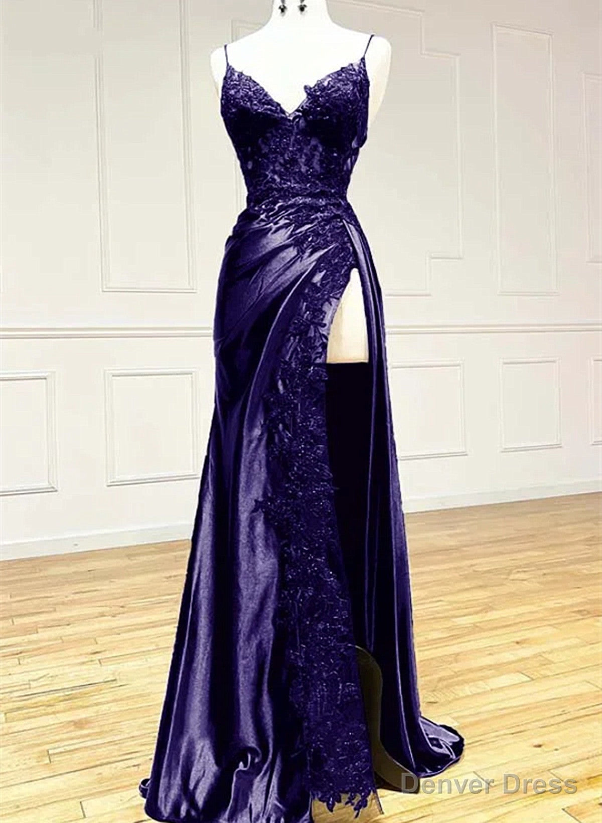 Purple Satin with Lace V Neckline Straps Long Prom Dress, Black Prom Dresses