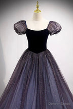 Purple Scoop Tulle Long A Line Prom Dress, Lovely Short Sleeve Prom Dresses