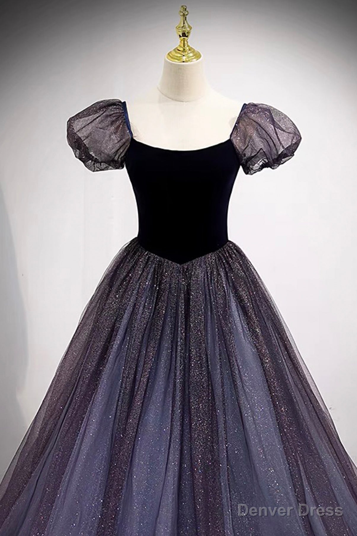 Purple Scoop Tulle Long A Line Prom Dress, Lovely Short Sleeve Prom Dresses