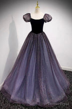 Purple Scoop Tulle Long A Line Prom Dress, Lovely Short Sleeve Prom Dresses