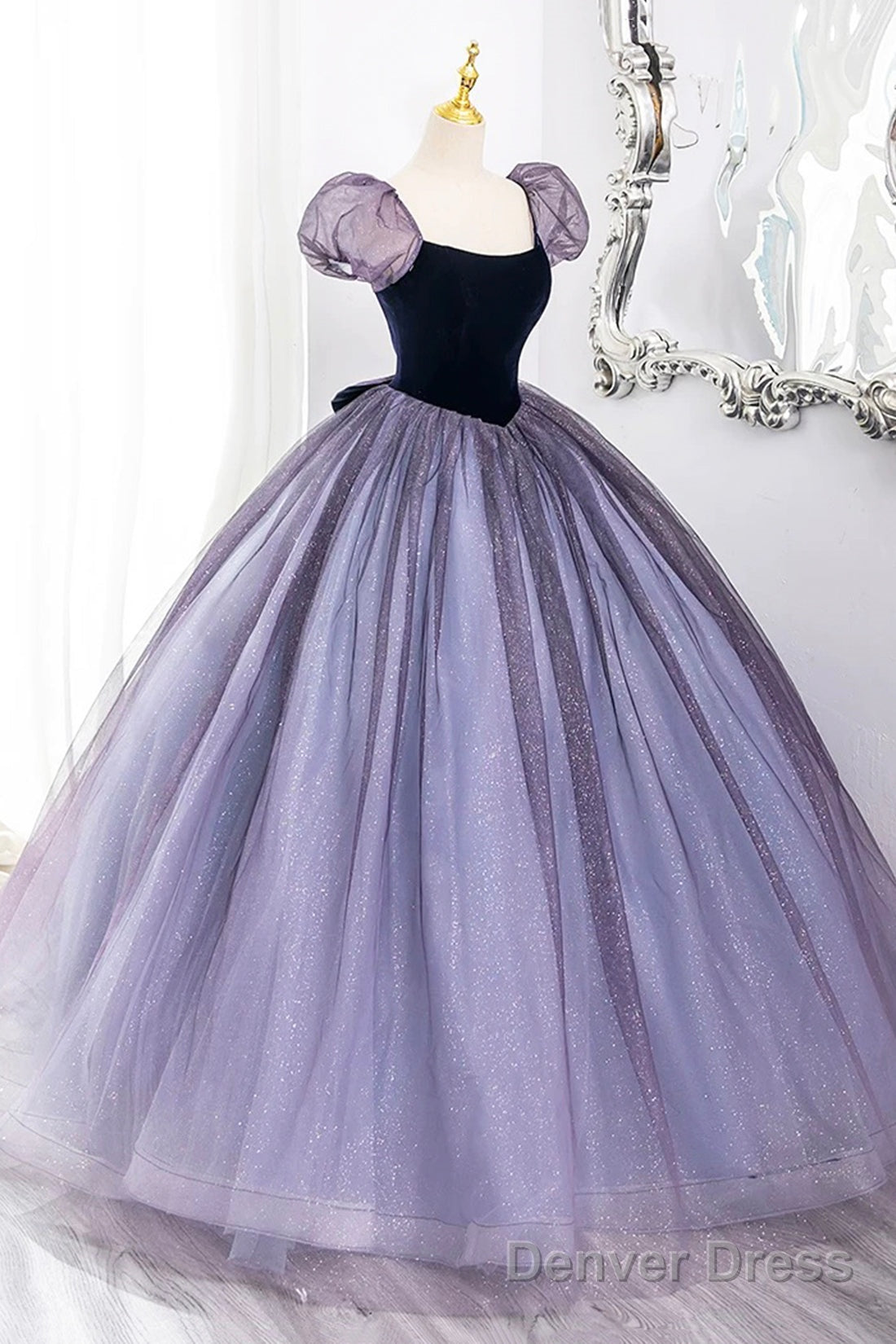 Purple Scoop Velvet And Tulle Long A-Line Prom Dress, Lovely Short Sleeve Evening Dress Secondary image