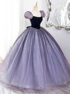 Purple Scoop Velvet And Tulle Long A-Line Prom Dress, Lovely Short Sleeve Evening Dress