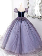 Purple Scoop Velvet And Tulle Long A-Line Prom Dress, Lovely Short Sleeve Evening Dress
