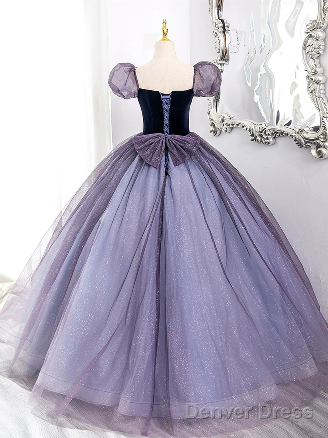 Purple Scoop Velvet And Tulle Long A-Line Prom Dress, Lovely Short Sleeve Evening Dress