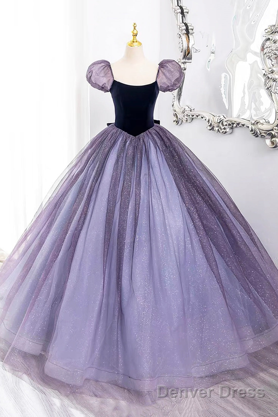 Purple Scoop Velvet And Tulle Long A-Line Prom Dress, Lovely Short Sleeve Evening Dress Main image