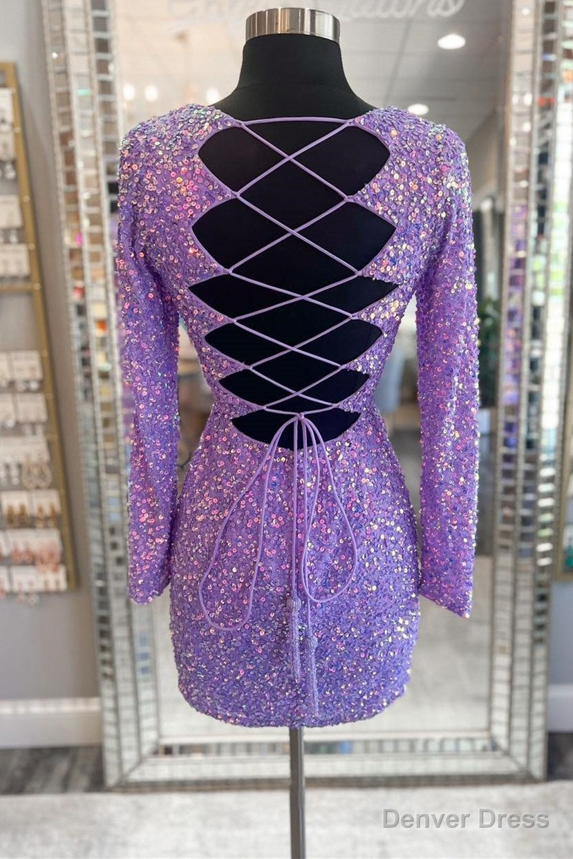 Purple Sequin Lace-Up Short Party Dress with Long Sleeves Secondary image