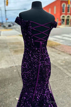 Purple Sequin Off-the-Shoulder Lace-Up Mermaid Prom Dresses Evening Gowns