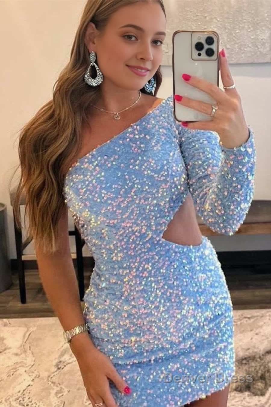 Purple Sequin One-Sleeve Cutout Short Homecoming Dress