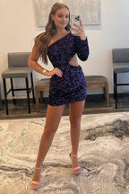 Purple Sequin One Sleeve Cutout Short Homecoming Dresses