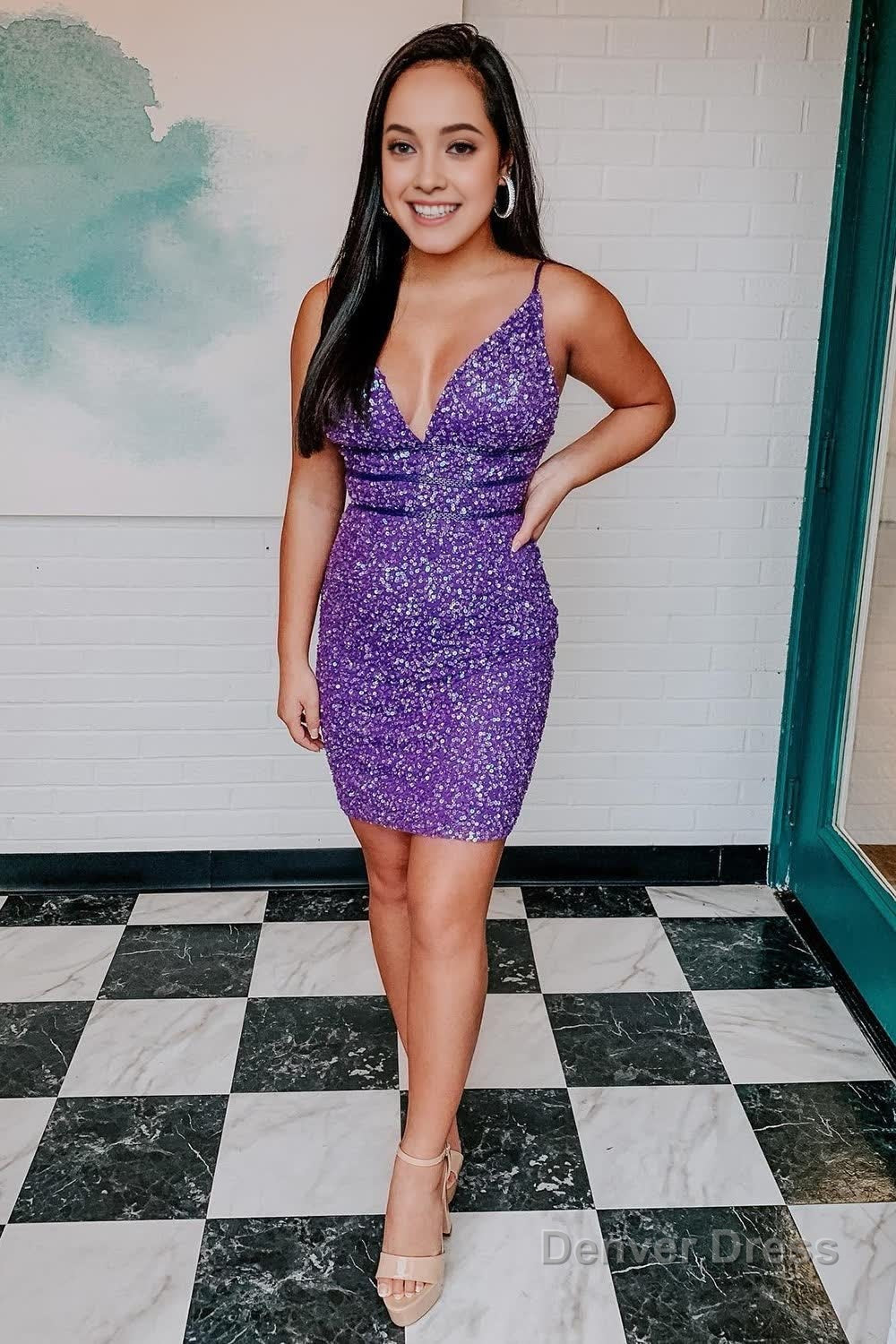 Purple Sequins Backless Tight Short Homecoming Dresses