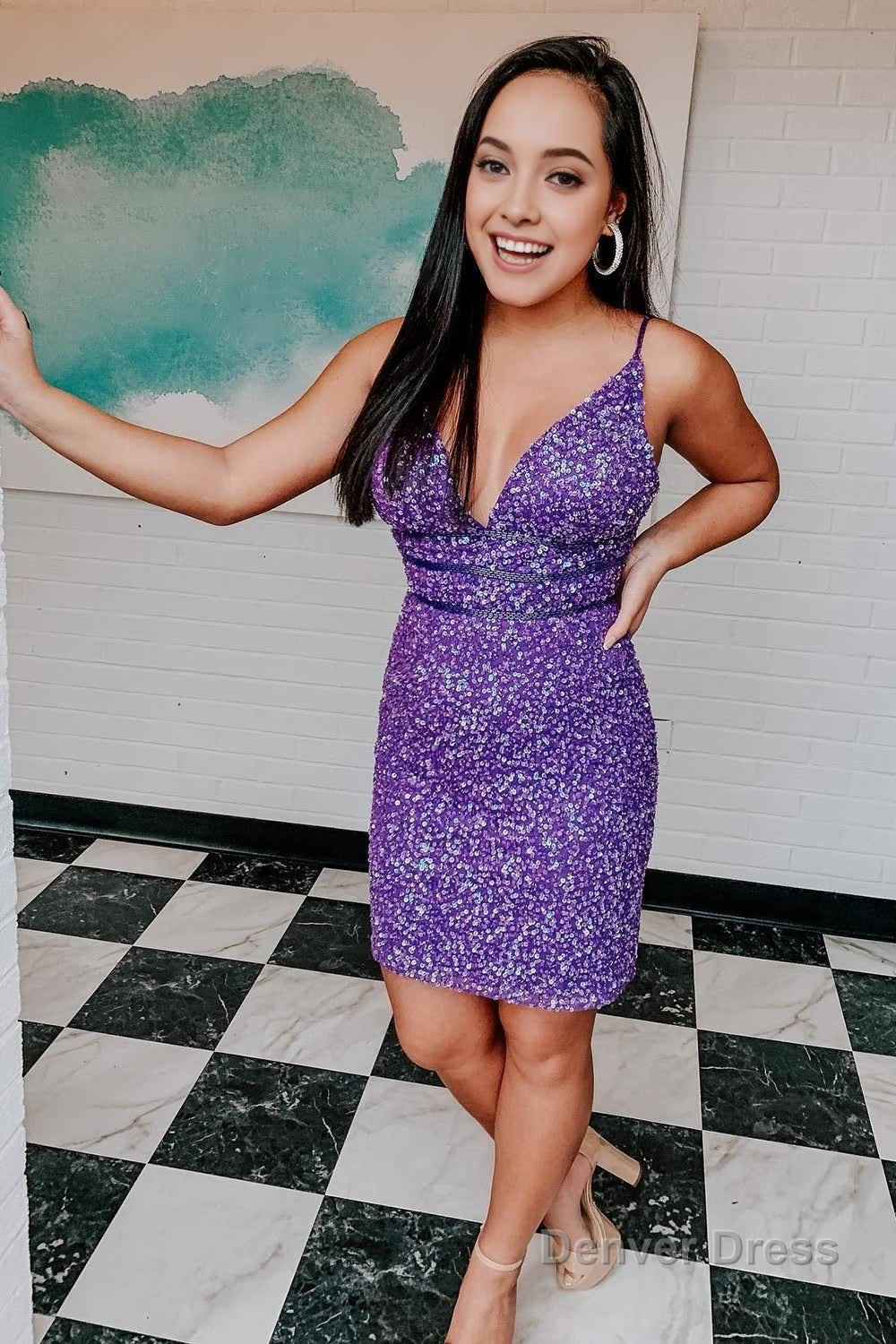 Purple Sequins Backless Tight Short Homecoming Dresses