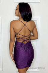 purple sequins backless tight short homecoming dress