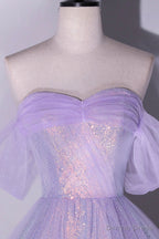 Purple Sequins Long A Line Prom Dress, Off the Shoulder Prom Dresses