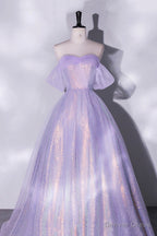 Purple Sequins Long A Line Prom Dress, Off the Shoulder Prom Dresses