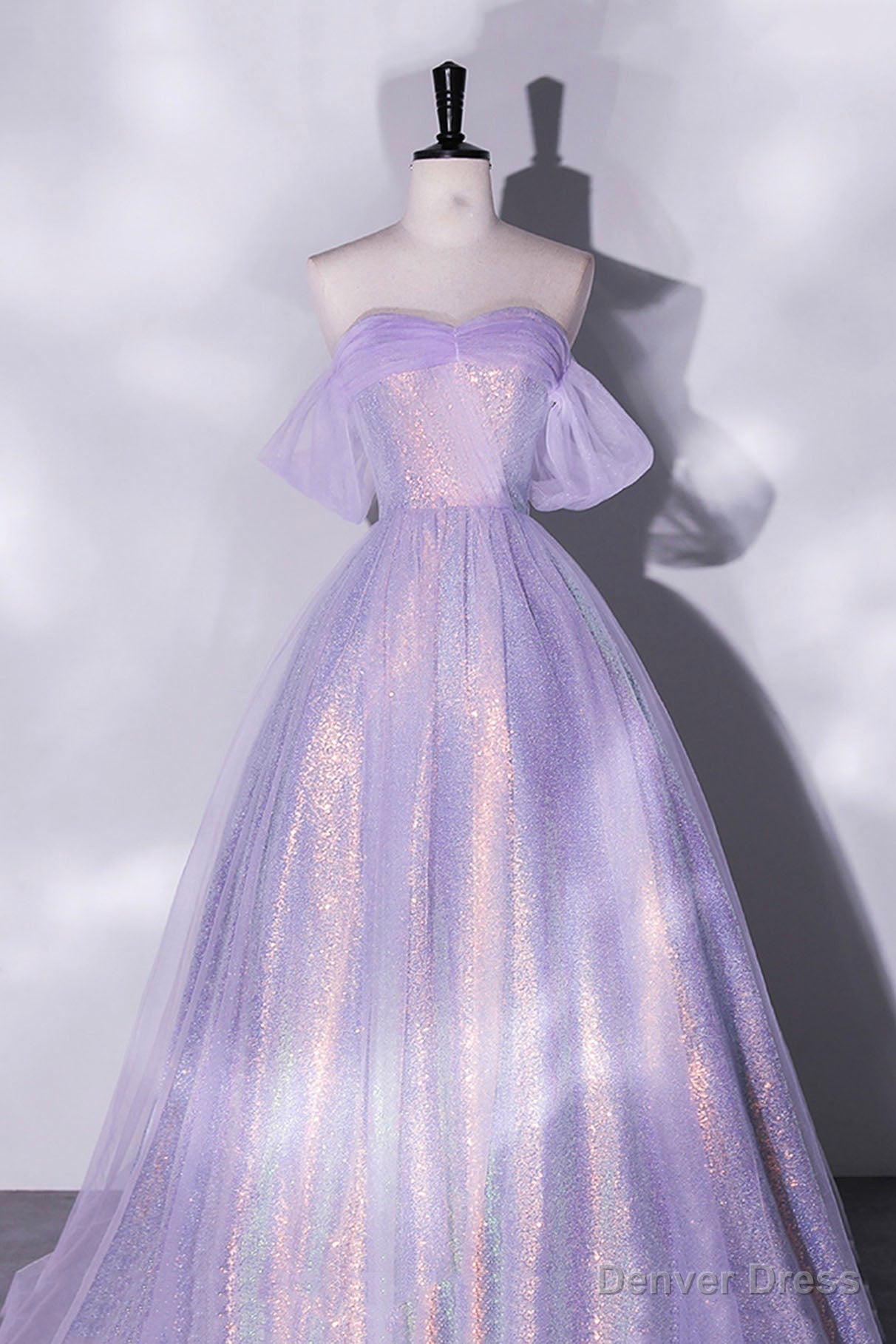Purple Sequins Long A Line Prom Dress, Off the Shoulder Prom Dresses