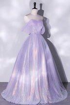 Purple Sequins Long A Line Prom Dress, Off the Shoulder Prom Dresses