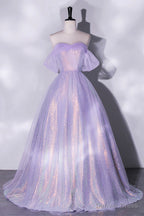 Purple Sequins Long A Line Prom Dress, Off the Shoulder Prom Dresses