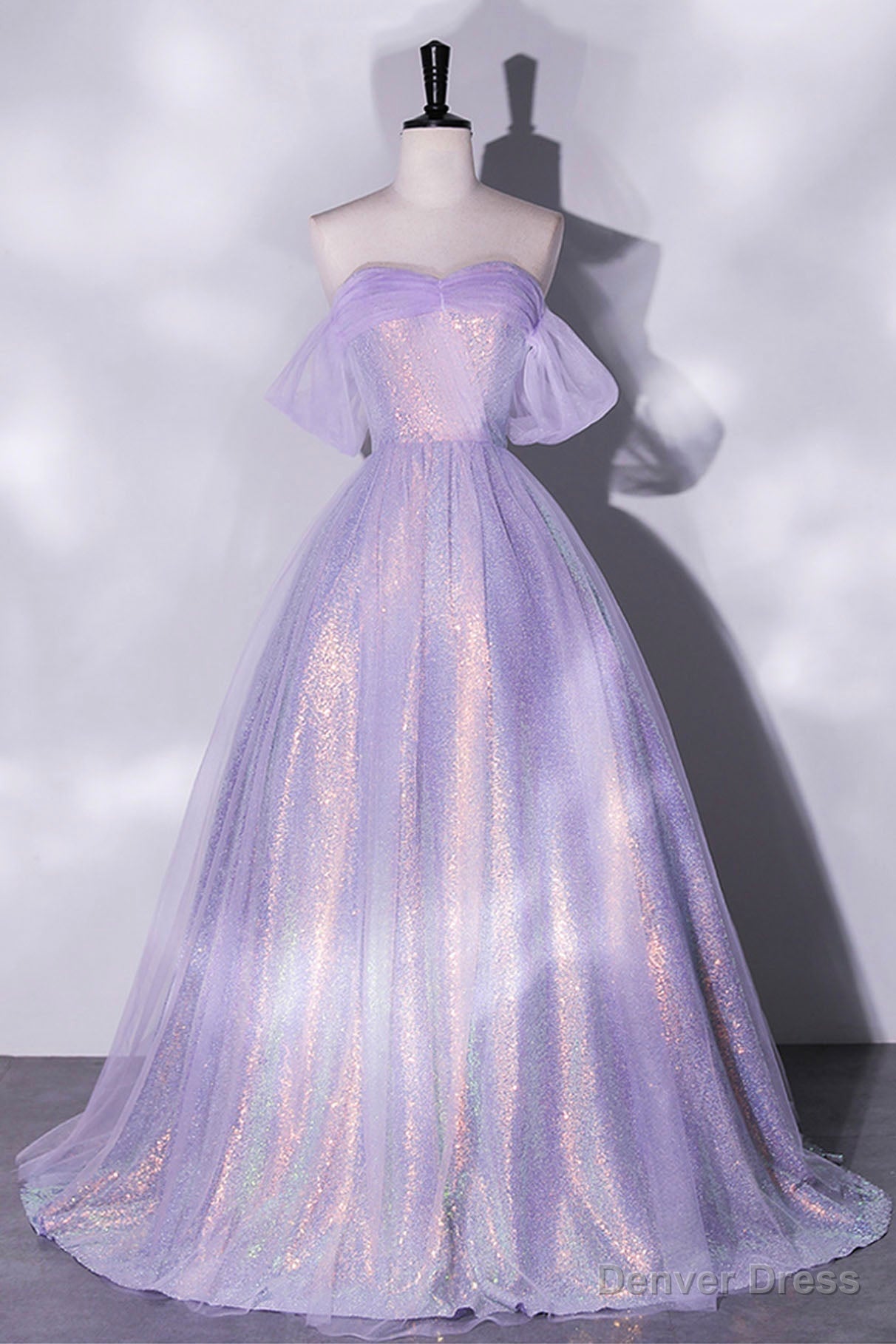 Purple Sequins Long A Line Prom Dress, Off the Shoulder Prom Dresses
