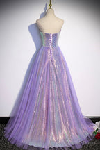 Purple Sequins Long A Line Prom Dress, Purple Strapless Prom Graduation Dresses