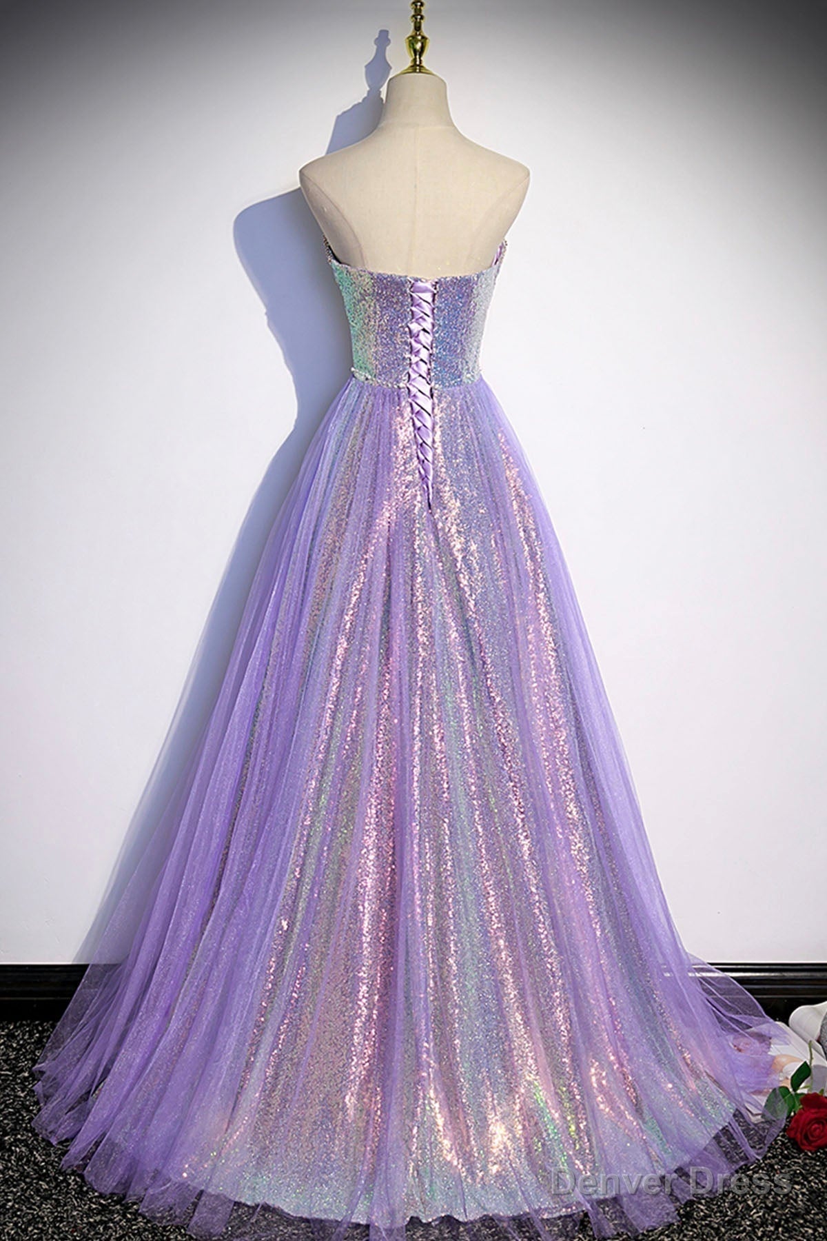 Purple Sequins Long A Line Prom Dress, Purple Strapless Prom Graduation Dresses
