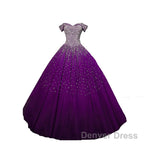 Purple Sequins Off Shoulder Ball Gowns Sweet 16 Gowns, Lace Up Tulle Purple Prom Dresses