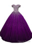 Purple Sequins Off Shoulder Ball Gowns Sweet 16 Gowns, Lace Up Tulle Purple Prom Dresses