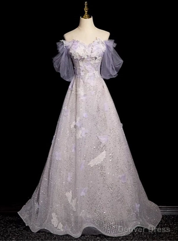 Purple Sequins Off the Shoulder Flower Prom Dress Main image