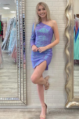 purple sequins one shoulder short homecoming dress with slit